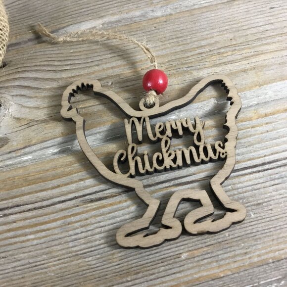Merry Chickmas Wood Chicken Christmas Ornament - Picture 4 of 5